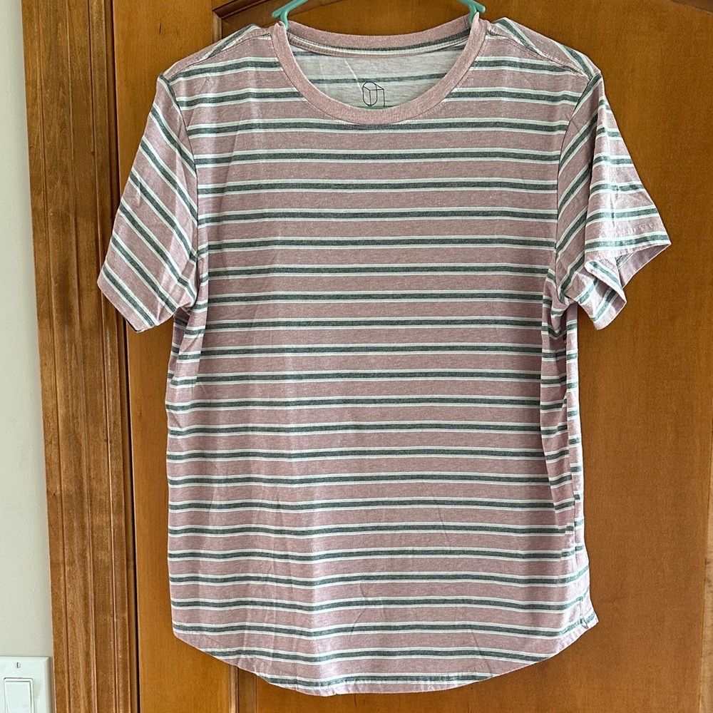 Original Use Striped Curved Hem Crewneck T-Shirt Pink Green Gray Men's Size M